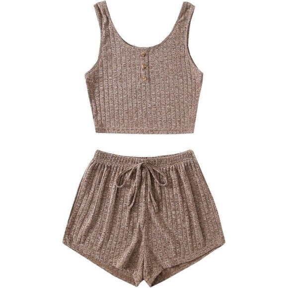 Women Brown Button Front Ribbed Knit Tank Top and Shorts Pajama Set Sleepwear
